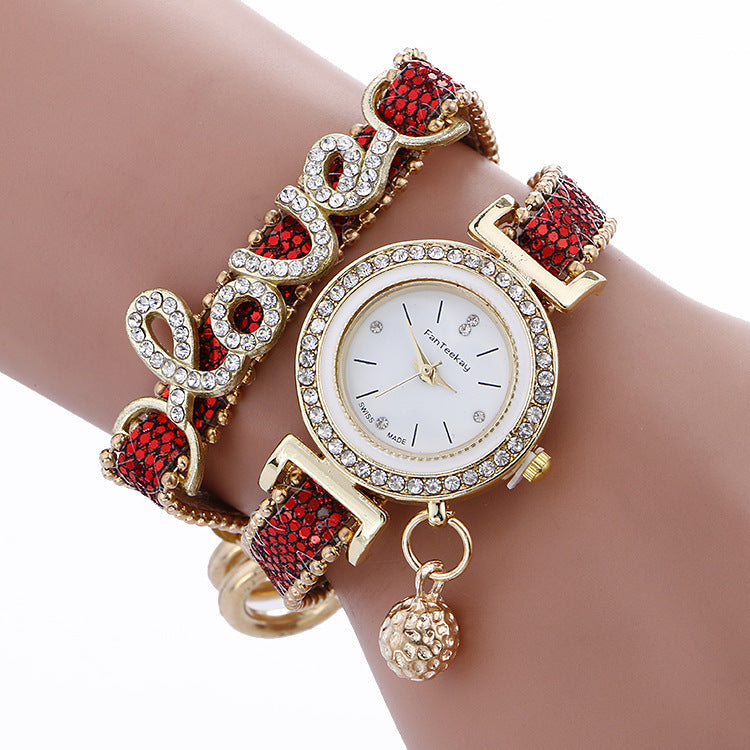Women's Crystal LOVE Bracelet Watch | Quartz Analog Faux Leather Strap