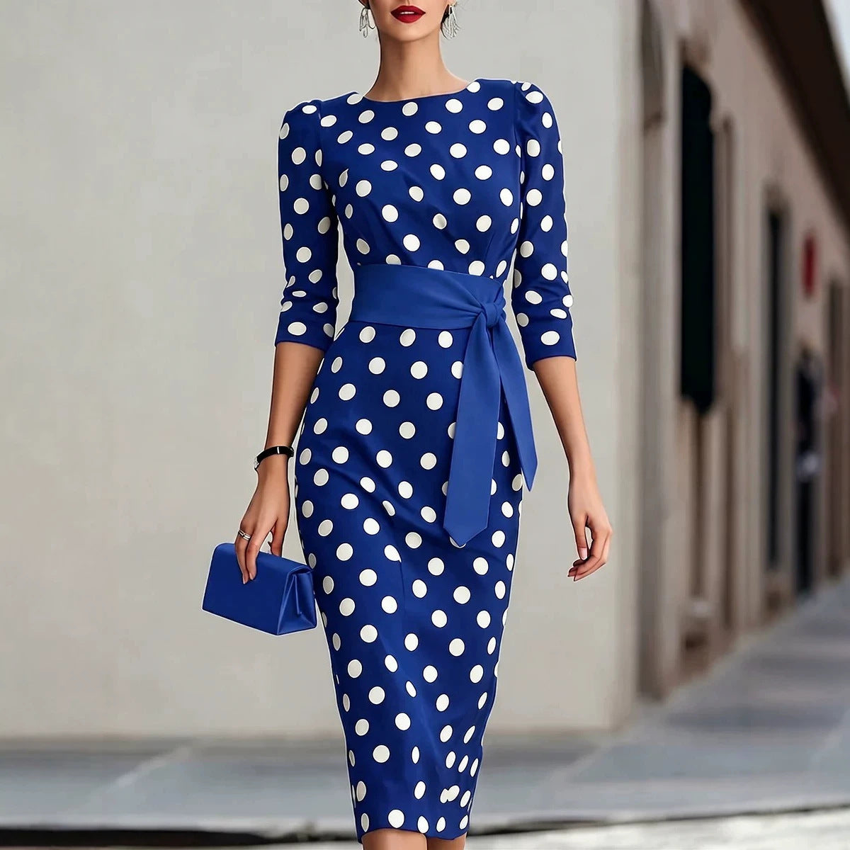 Women's Elegant Polka Dot Bodycon Midi Dress | Cross-Tie Slim Fit Party Dress