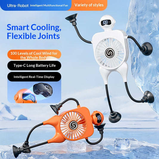 Robot USB Rechargeable Desk Fan | Mini Digital Display Table Fan with Suction Cup