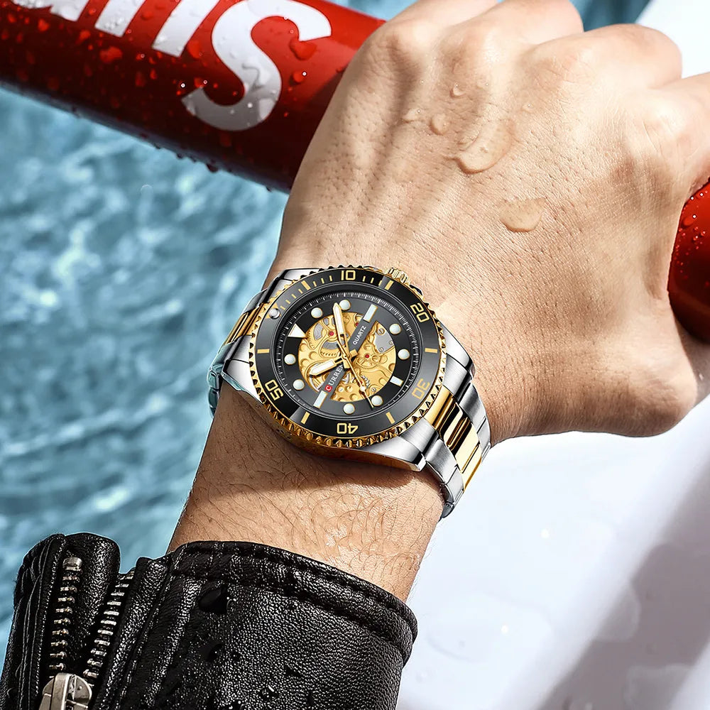 CURREN Men's Skeleton Quartz Watch – Two-Tone Stainless Steel Diver Style
