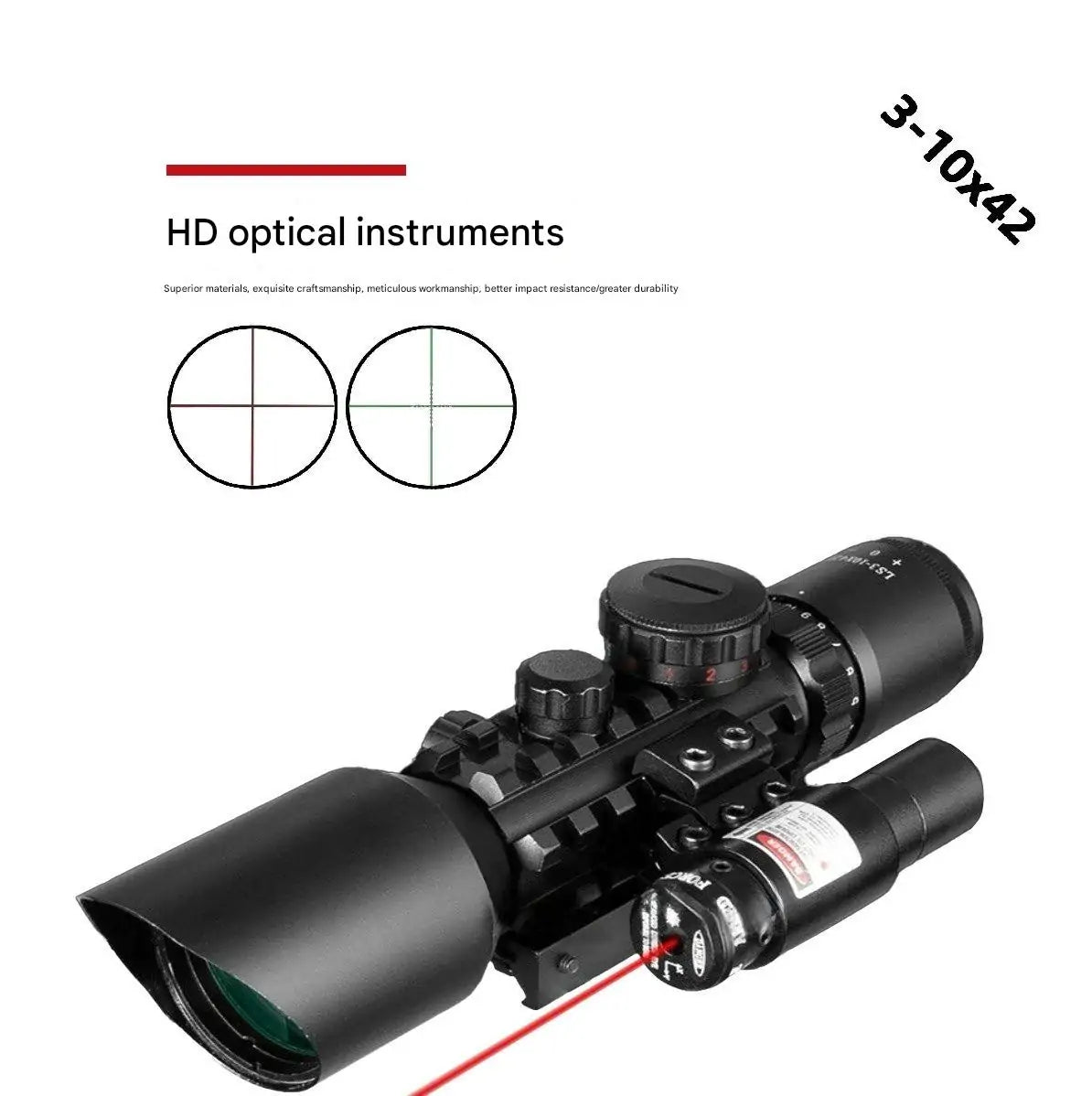 3-10X42 Tactical Rifle Scope with Integrated Red Laser Sight - Picatinny Mount