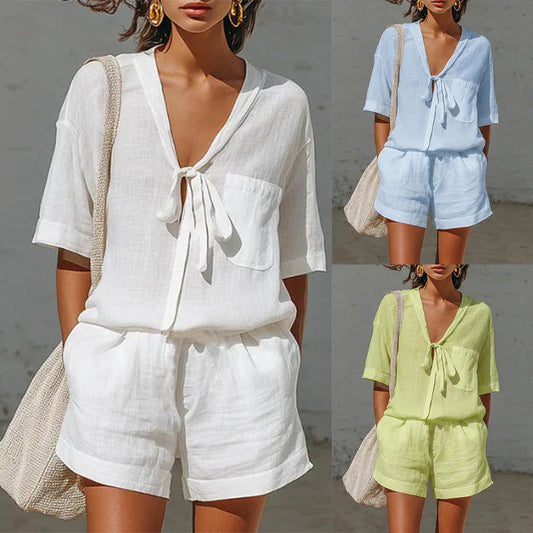Women's Summer Lace-Up Short Sleeve Shirt & Loose Shorts 2-Piece Set