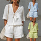 Women's Summer Lace-Up Short Sleeve Shirt & Loose Shorts 2-Piece Set