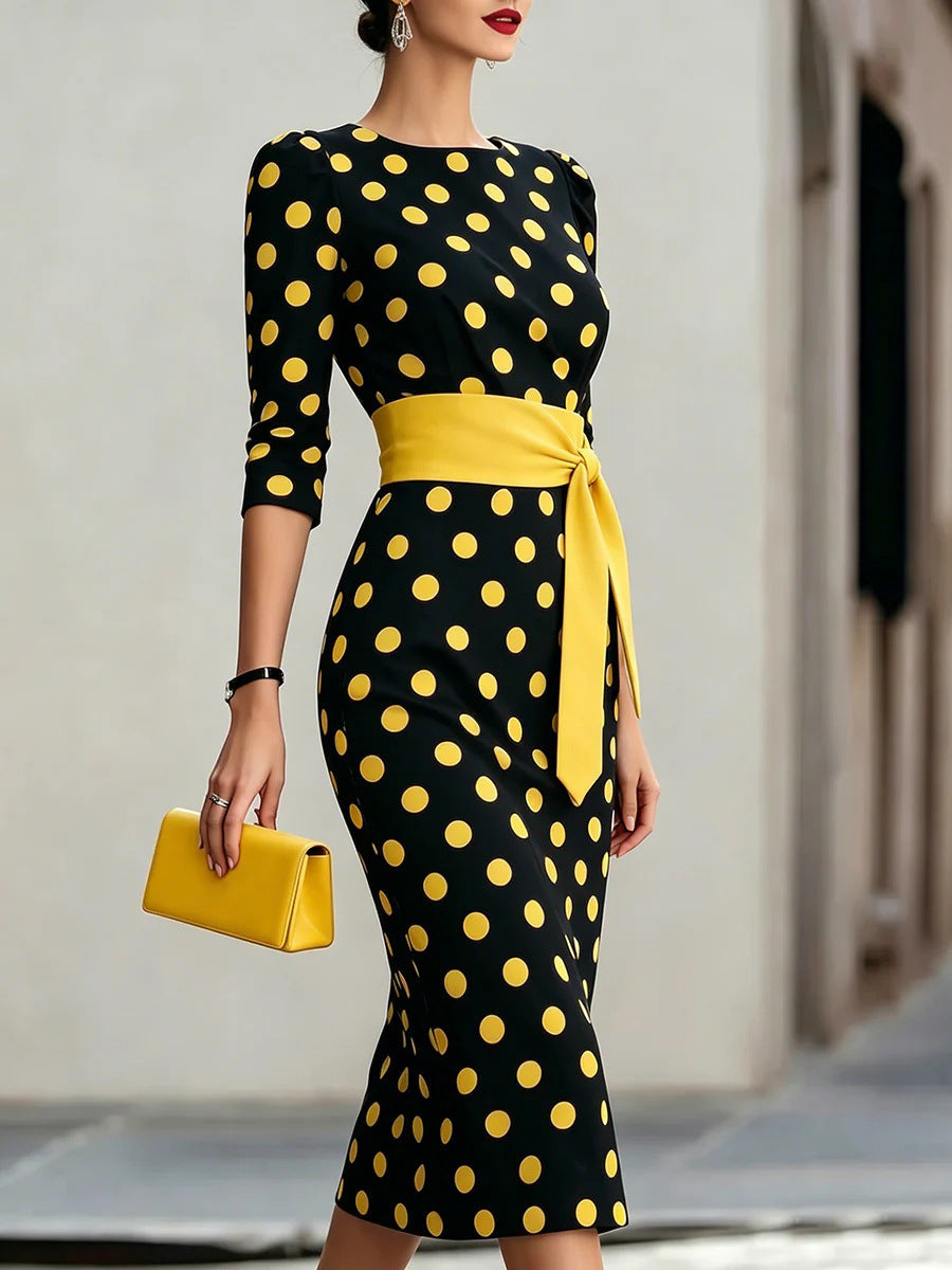 Women's Elegant Polka Dot Bodycon Midi Dress | Cross-Tie Slim Fit Party Dress