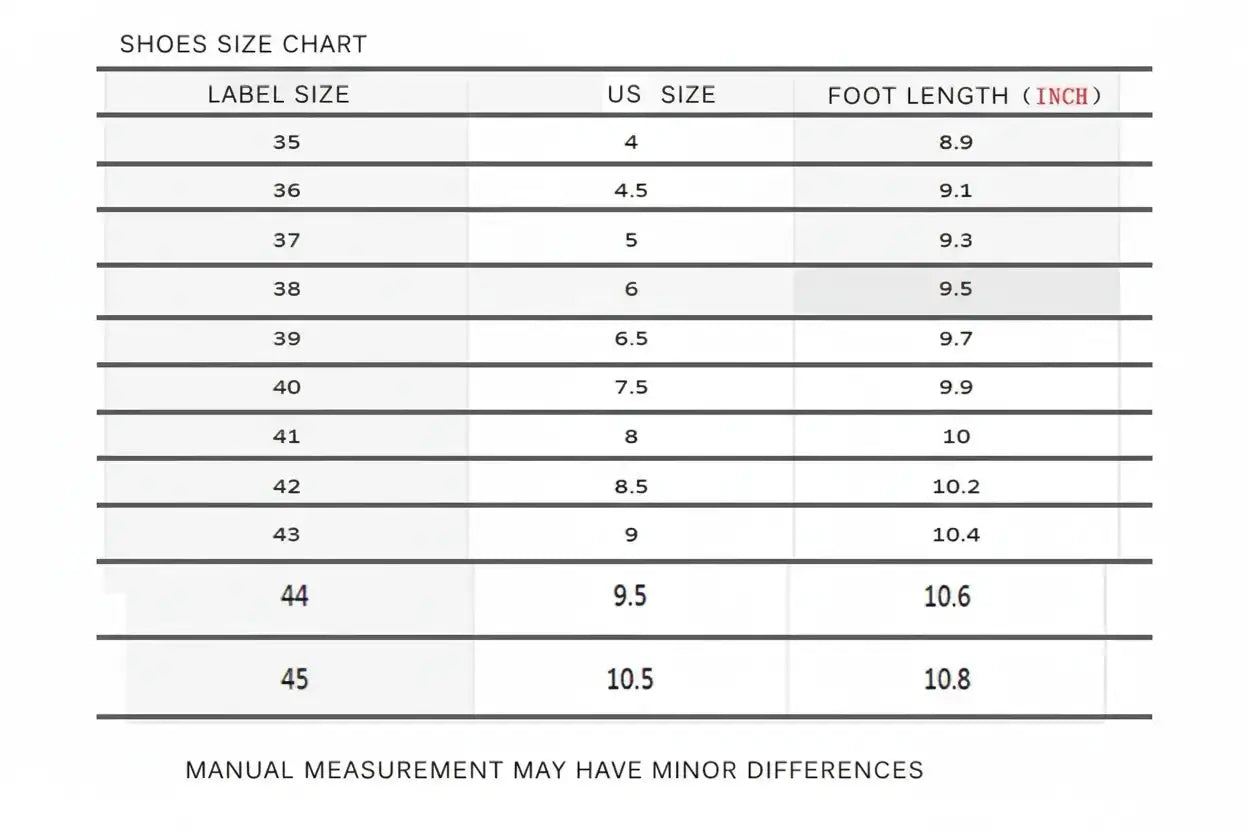 Classic height-increasing sneakers size guide - accurate sizing chart
