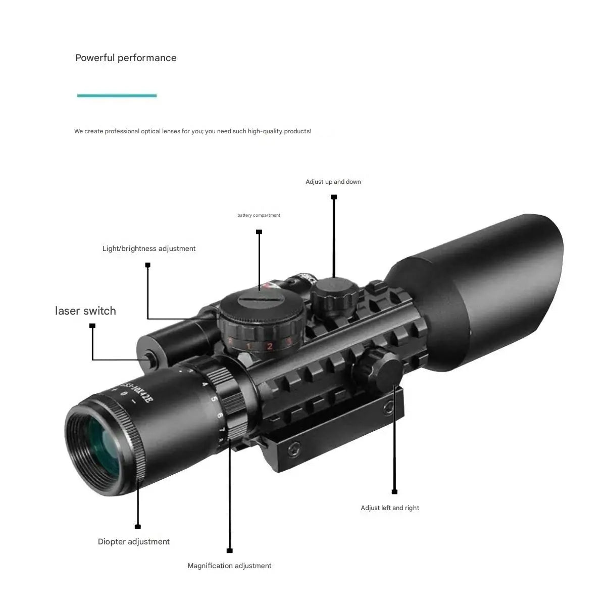 3-10X42 Tactical Rifle Scope with Integrated Red Laser Sight - Picatinny Mount