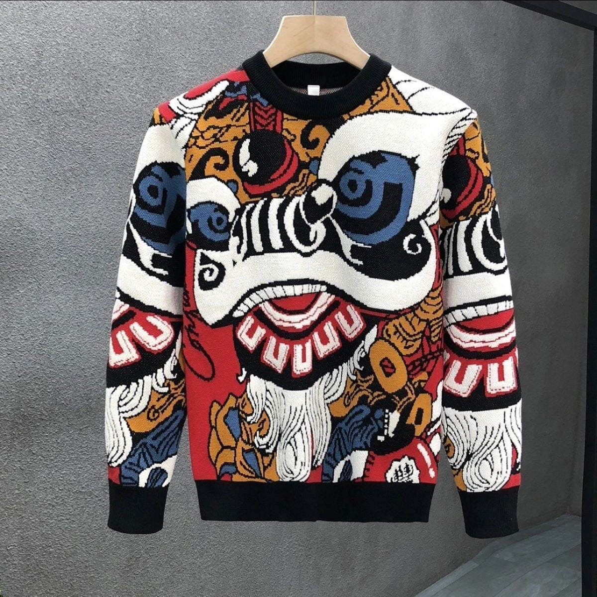 Luxury Lion Dance Jacquard Sweater - Artistic Pattern Knitwear