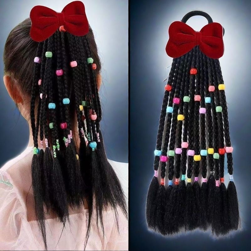 Children's Hair Braids with Colorful Beads and Red Bow