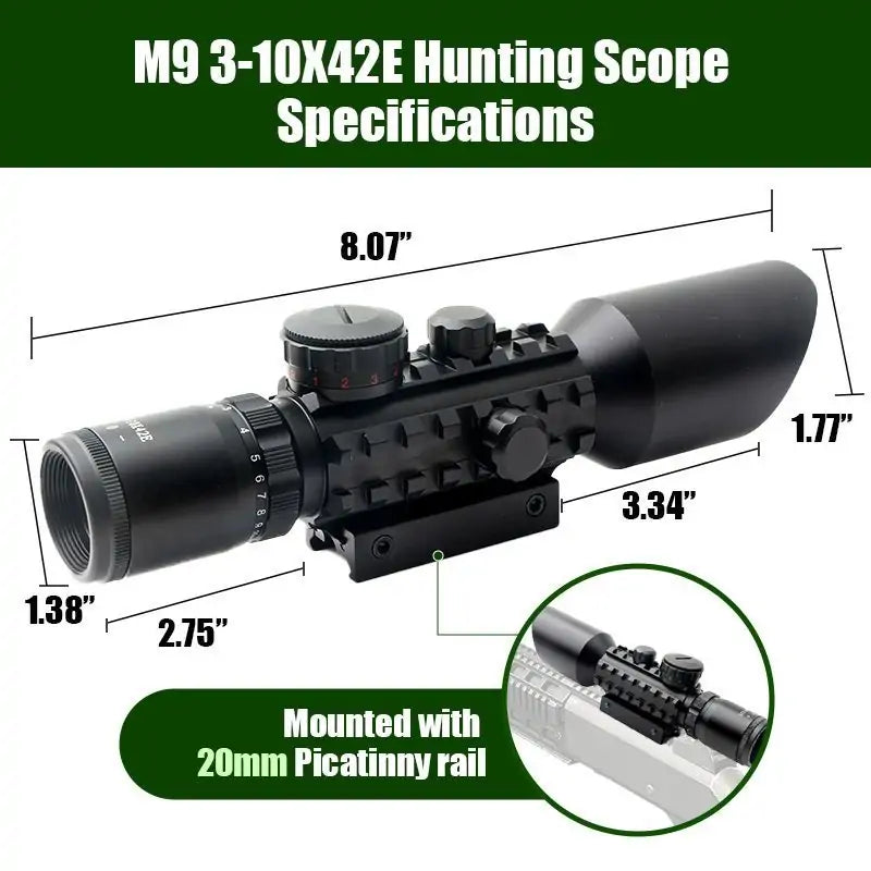 3-10X42 Tactical Rifle Scope with Integrated Red Laser Sight - Picatinny Mount