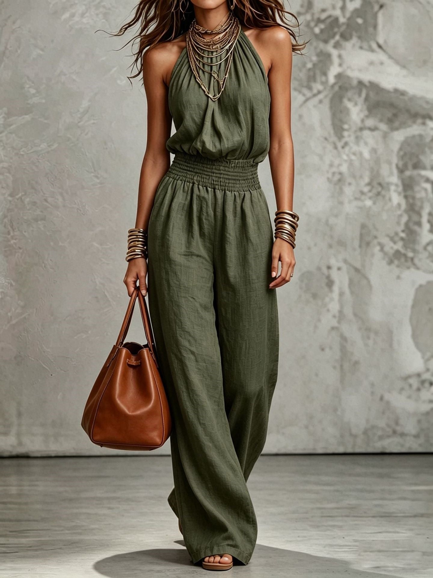 Women's Sleeveless Backless Halter Jumpsuit | Wide-Leg Lace-Up Onesie