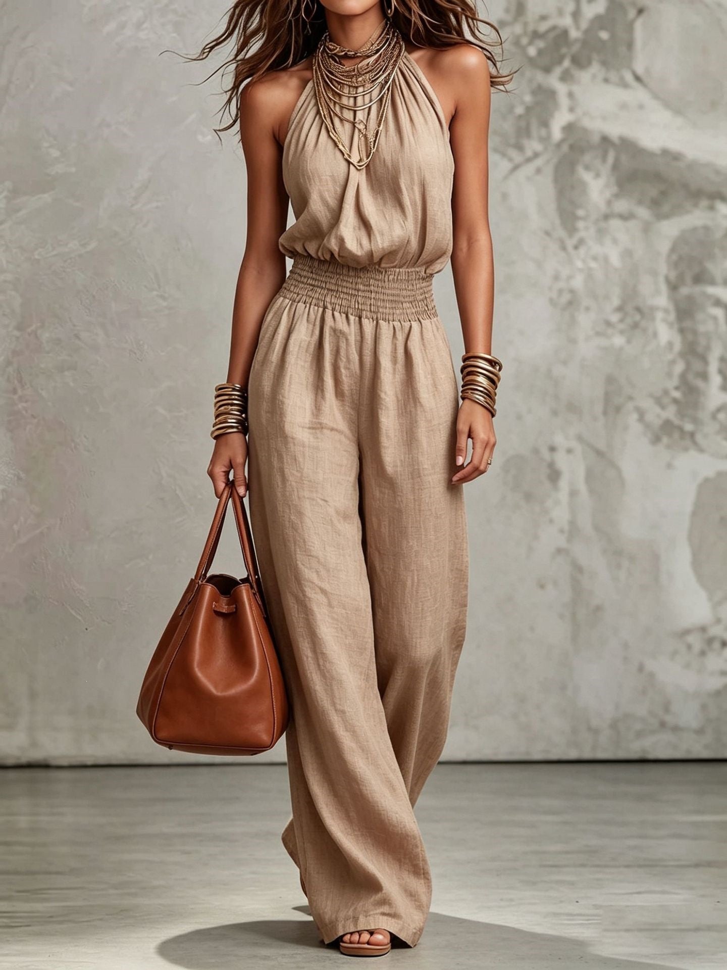 Women's Sleeveless Backless Halter Jumpsuit | Wide-Leg Lace-Up Onesie