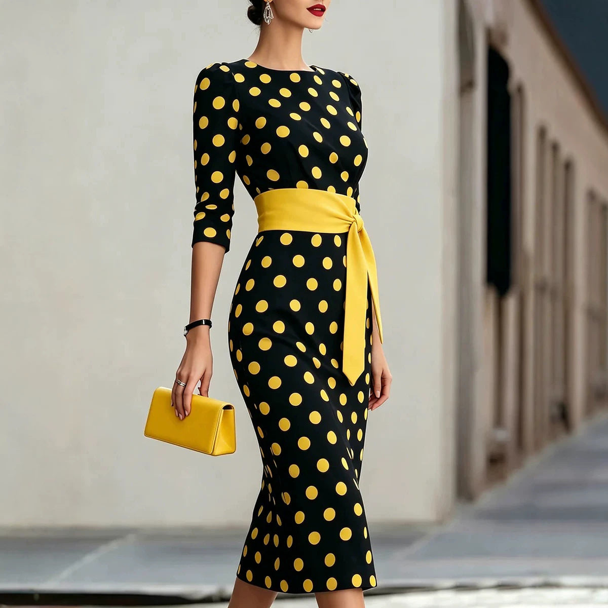Women's Elegant Polka Dot Bodycon Midi Dress | Cross-Tie Slim Fit Party Dress