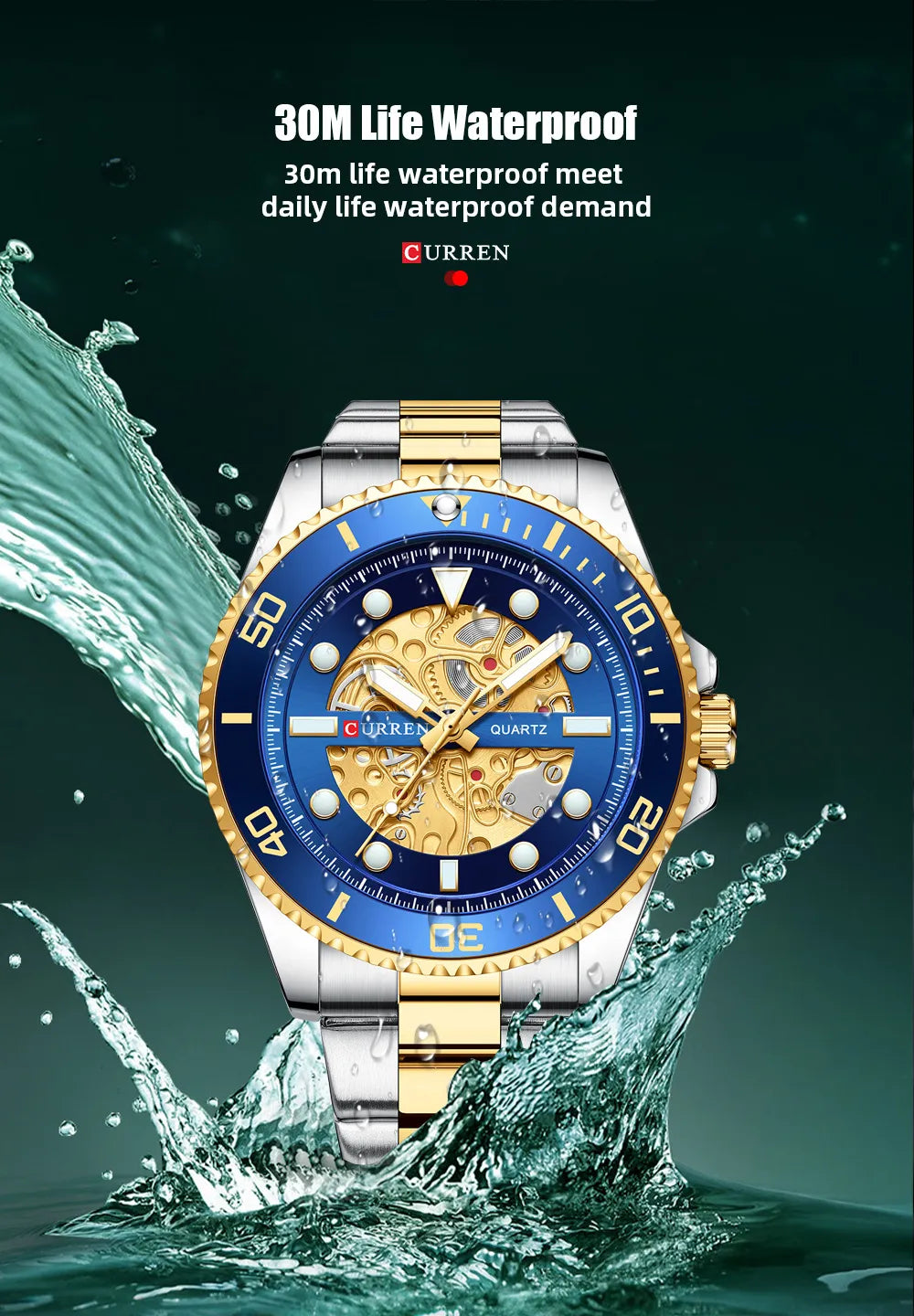 CURREN Men's Skeleton Quartz Watch – Two-Tone Stainless Steel Diver Style