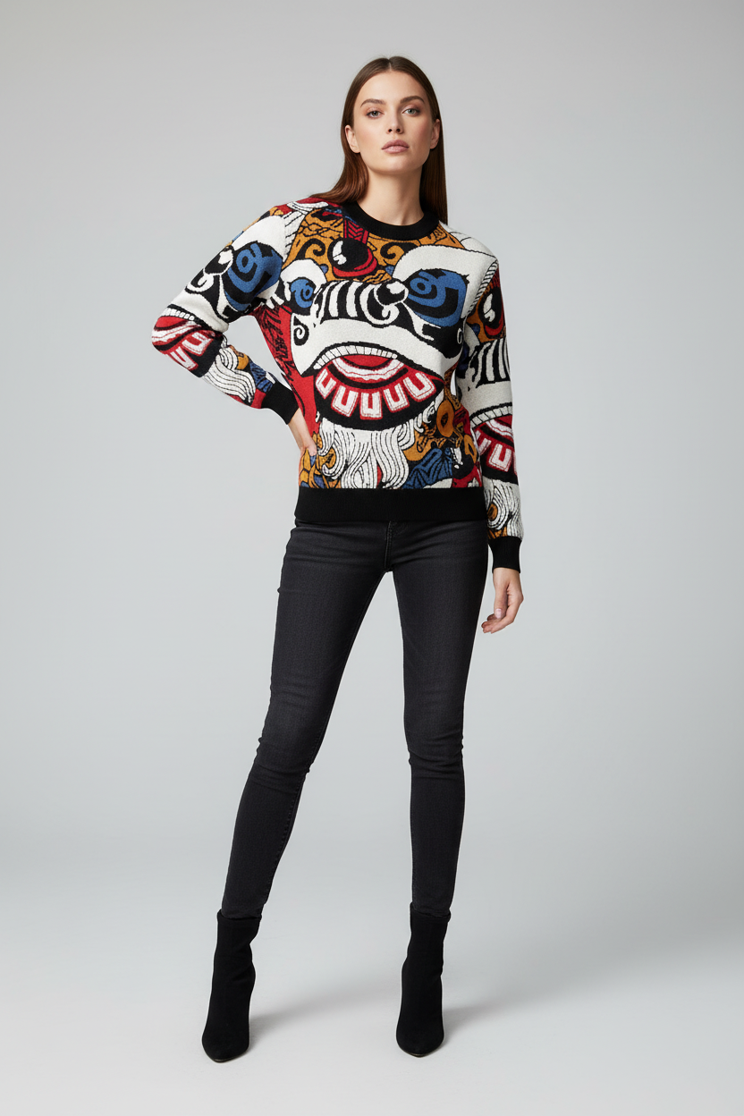 Luxury Lion Dance Jacquard Sweater - Artistic Pattern Knitwear