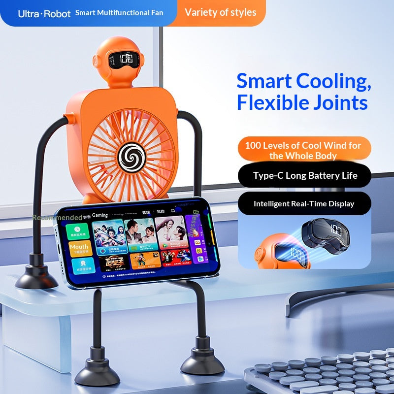Robot USB Rechargeable Desk Fan | Mini Digital Display Table Fan with Suction Cup