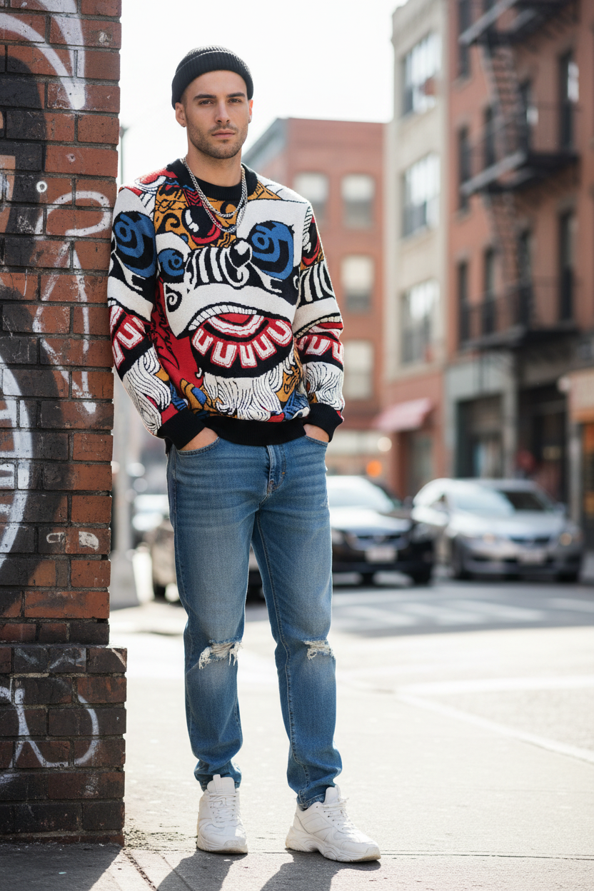 Luxury Lion Dance Jacquard Sweater - Artistic Pattern Knitwear