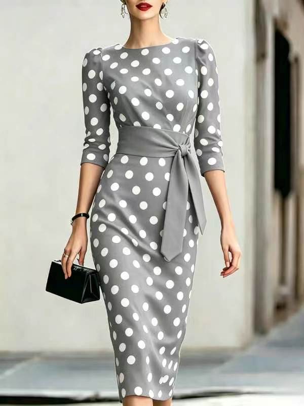 Women's Elegant Polka Dot Bodycon Midi Dress | Cross-Tie Slim Fit Party Dress