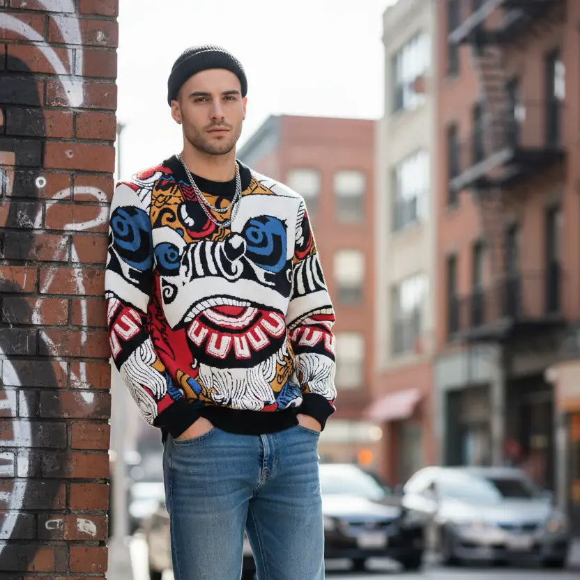 Luxury Lion Dance Jacquard Sweater - Artistic Pattern Knitwear