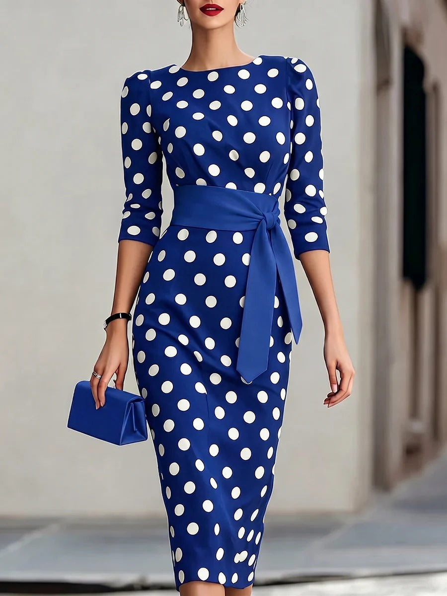 Women's Elegant Polka Dot Bodycon Midi Dress | Cross-Tie Slim Fit Party Dress