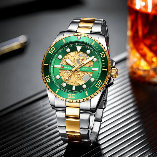 CURREN Men's Skeleton Quartz Watch – Two-Tone Stainless Steel Diver Style
