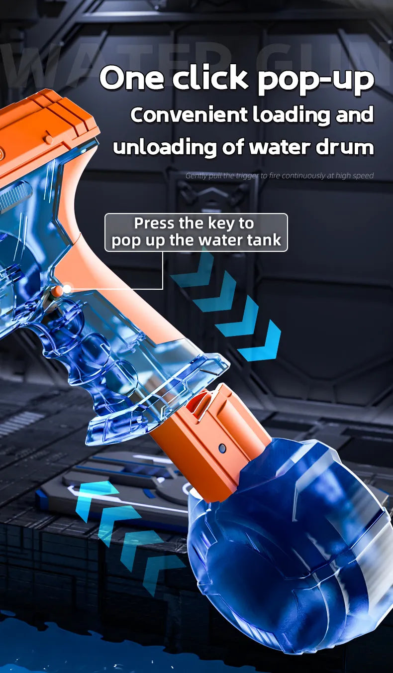 Electric Water Battle Gun – Auto Squirt Pistol with LED Light & 500ml Drum Tank