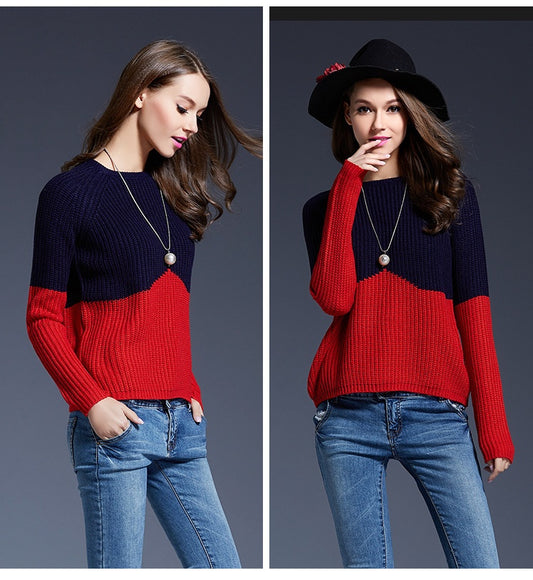 Color Block Long Sleeve Knit Sweater | European & American Style Acrylic Pullover