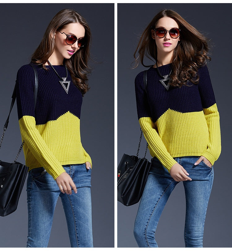 Color Block Long Sleeve Knit Sweater | European & American Style Acrylic Pullover