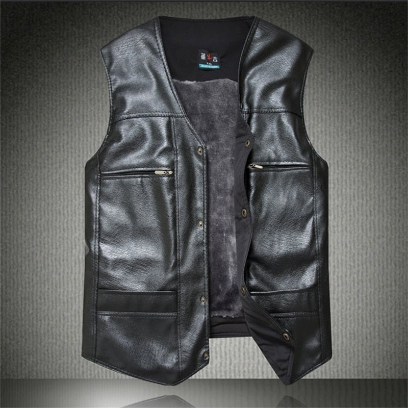 Men's Thick PU Leather Waistcoat | Middle-Aged Autumn Winter Warm Vest & Jacket