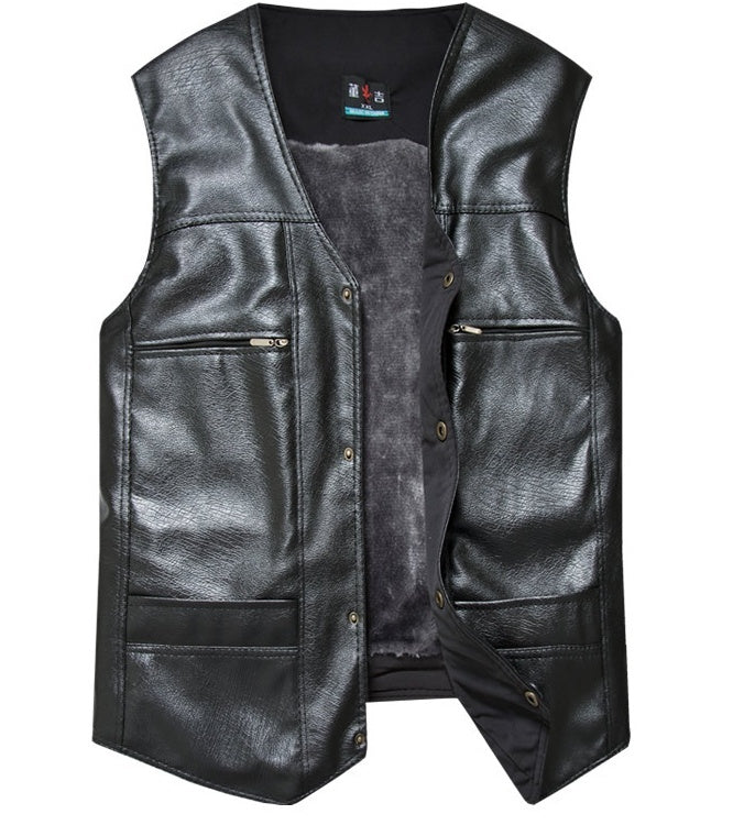 Men's Thick PU Leather Waistcoat | Middle-Aged Autumn Winter Warm Vest & Jacket
