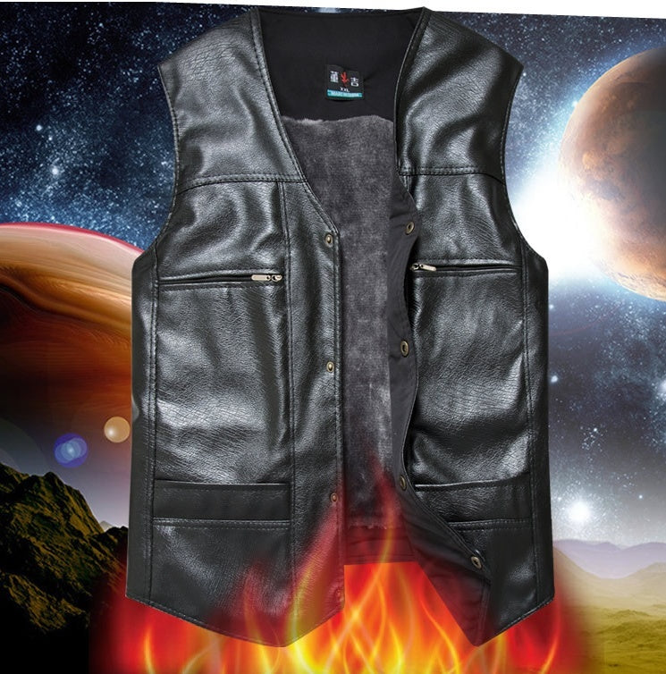 Men's Thick PU Leather Waistcoat | Middle-Aged Autumn Winter Warm Vest & Jacket