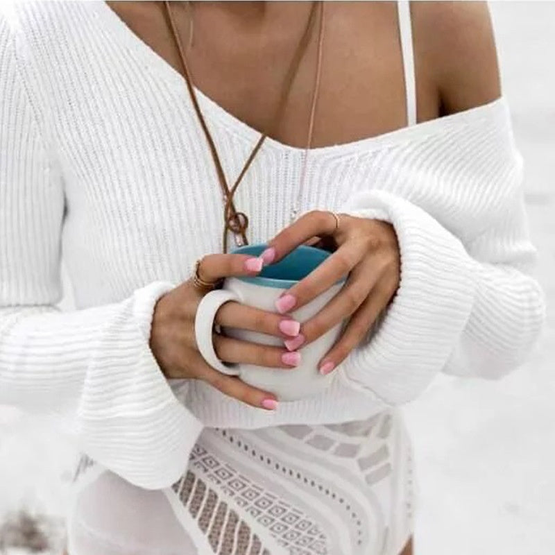 Women's V-Neck Midriff Knit Sweater | European Style Crop Pullover Coat