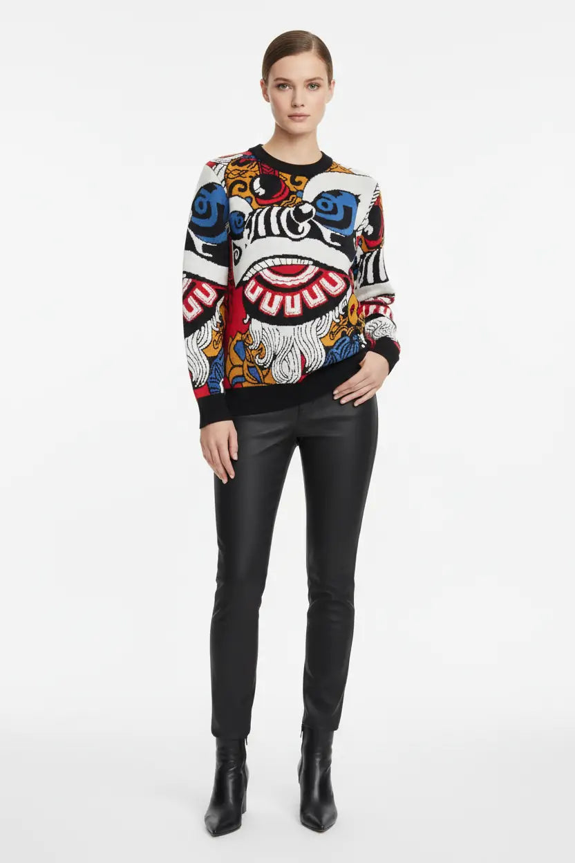 Luxury Lion Dance Jacquard Sweater - Artistic Pattern Knitwear