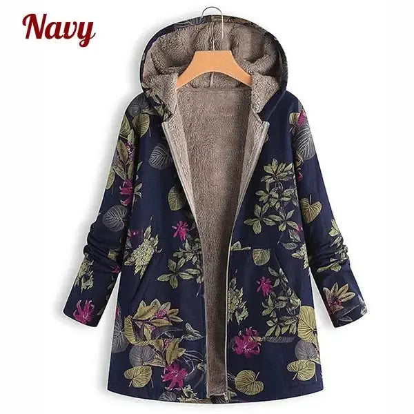 Women's Floral Print Fur Hooded Vintage Coat | Plus Size S-5XL Winter Jacket BEYOND INTERNATIONAL TRADE