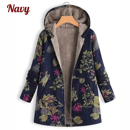 Women's Floral Print Fur Hooded Vintage Coat | Plus Size S-5XL Winter Jacket BEYOND INTERNATIONAL TRADE