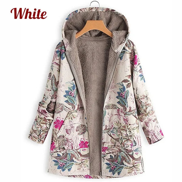 Women's Fashion Leaves Floral Print Fluffy Fur Hooded Long Sleeve Vintage Coats Manteaux Dames Veste Femme Plus Size S-5XL
