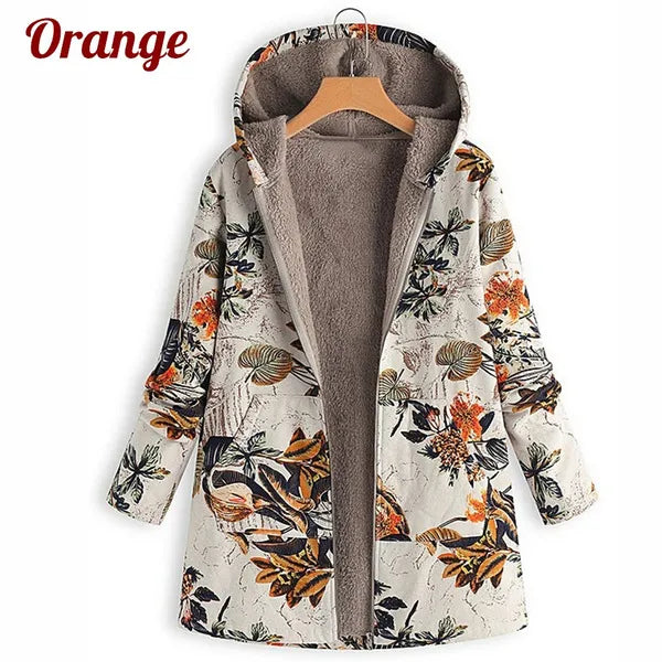Women's Fashion Leaves Floral Print Fluffy Fur Hooded Long Sleeve Vintage Coats Manteaux Dames Veste Femme Plus Size S-5XL