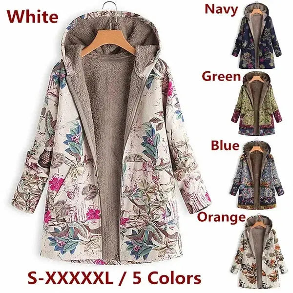 Women's Floral Print Fur Hooded Vintage Coat | Plus Size S-5XL Winter Jacket BEYOND INTERNATIONAL TRADE