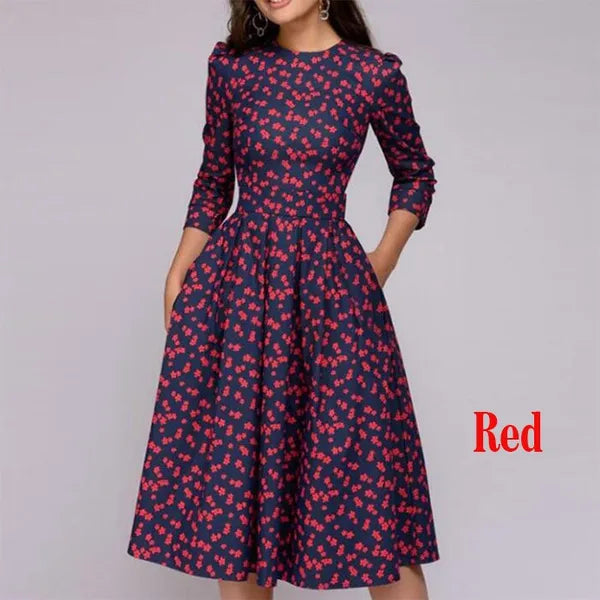 Women Elegent A-line Dress Vintage printing party vestidos Three Quarter Sleeve women Spring Dress(No Pockets)