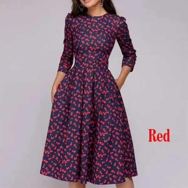 Women Elegent A-line Dress Vintage printing party vestidos Three Quarter Sleeve women Spring Dress(No Pockets) BEYOND INTERNATIONAL TRADE