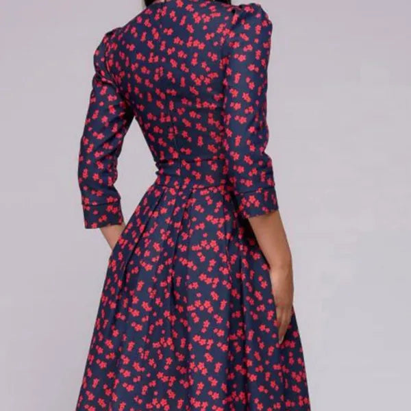 Women Elegent A-line Dress Vintage printing party vestidos Three Quarter Sleeve women Spring Dress(No Pockets)
