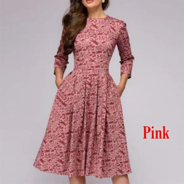Women Elegent A-line Dress Vintage printing party vestidos Three Quarter Sleeve women Spring Dress(No Pockets)