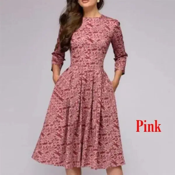 Women Elegent A-line Dress Vintage printing party vestidos Three Quarter Sleeve women Spring Dress(No Pockets) BEYOND INTERNATIONAL TRADE