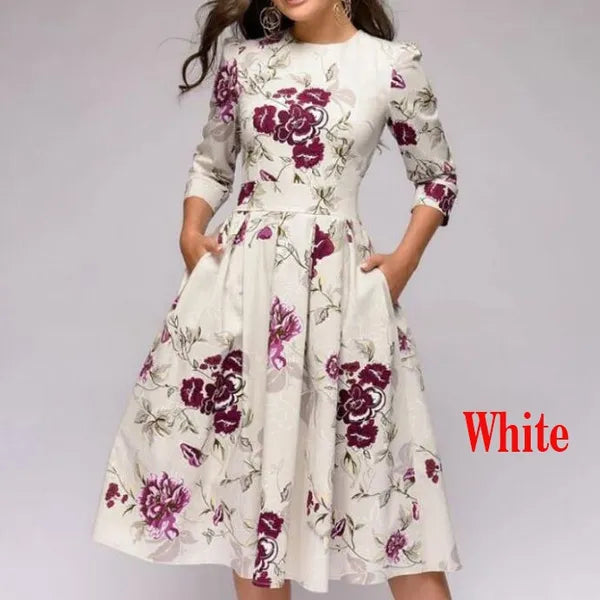 Women Elegent A-line Dress Vintage printing party vestidos Three Quarter Sleeve women Spring Dress(No Pockets)