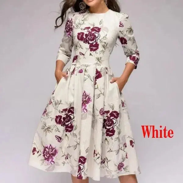 Women Elegent A-line Dress Vintage printing party vestidos Three Quarter Sleeve women Spring Dress(No Pockets) BEYOND INTERNATIONAL TRADE