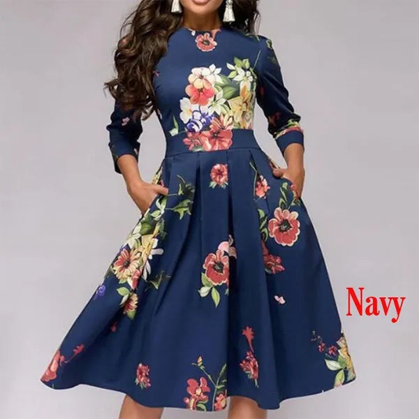 Women Elegent A-line Dress Vintage printing party vestidos Three Quarter Sleeve women Spring Dress(No Pockets)