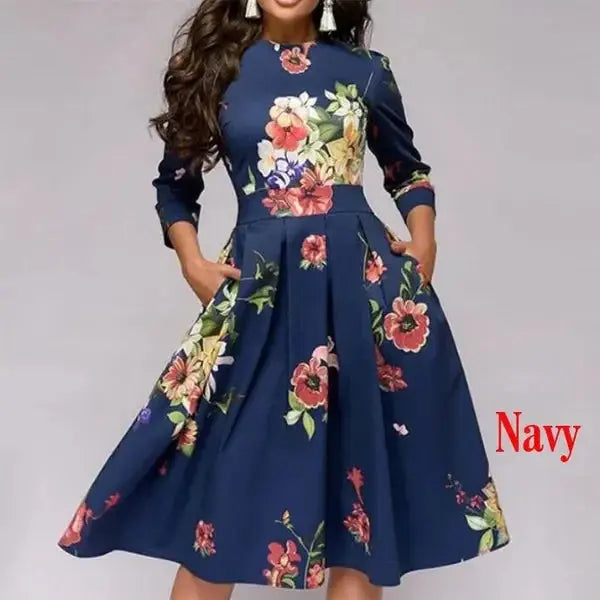 Women Elegent A-line Dress Vintage printing party vestidos Three Quarter Sleeve women Spring Dress(No Pockets) BEYOND INTERNATIONAL TRADE