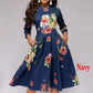 Women Elegent A-line Dress Vintage printing party vestidos Three Quarter Sleeve women Spring Dress(No Pockets) BEYOND INTERNATIONAL TRADE