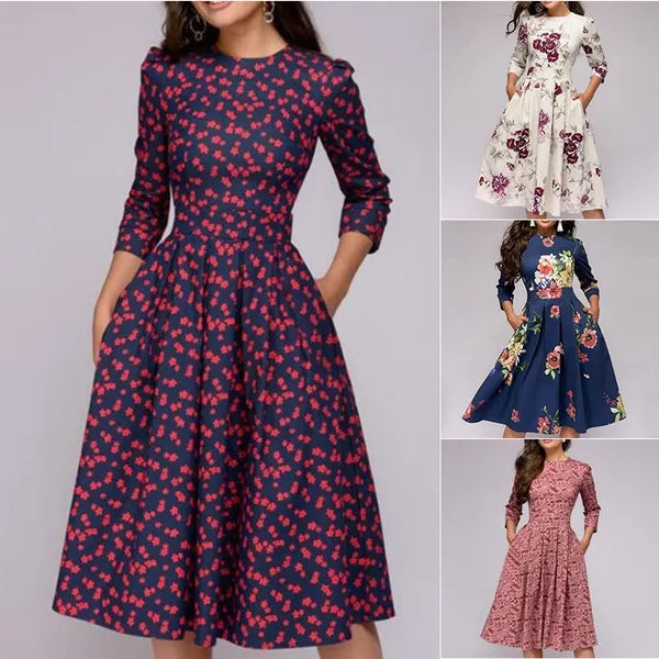 Women Elegent A-line Dress Vintage printing party vestidos Three Quarter Sleeve women Spring Dress(No Pockets)