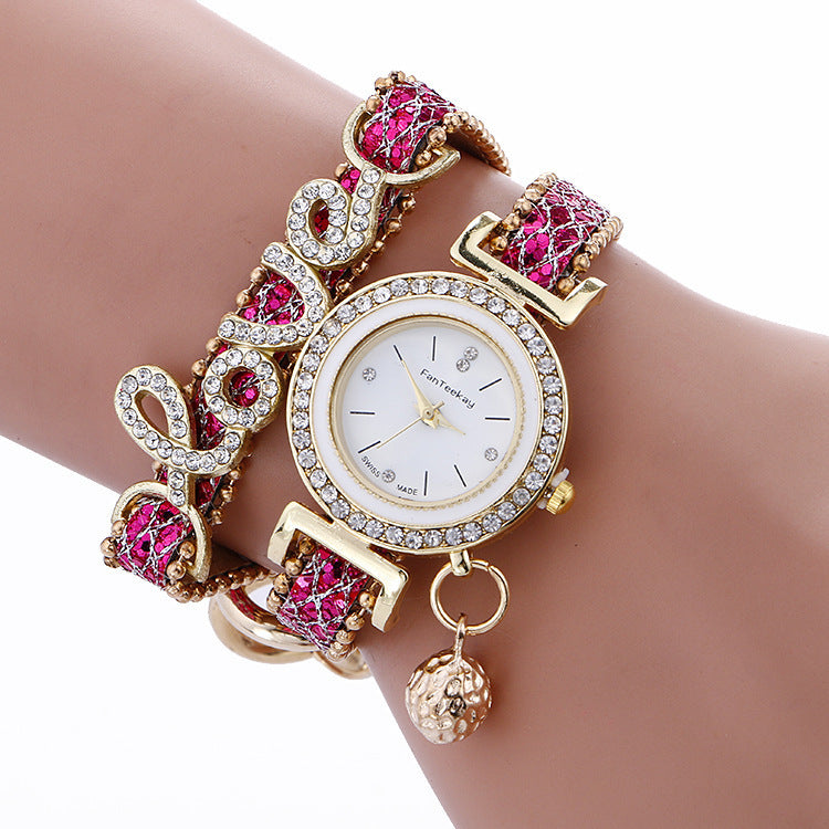 Women's Crystal LOVE Bracelet Watch | Quartz Analog Faux Leather Strap