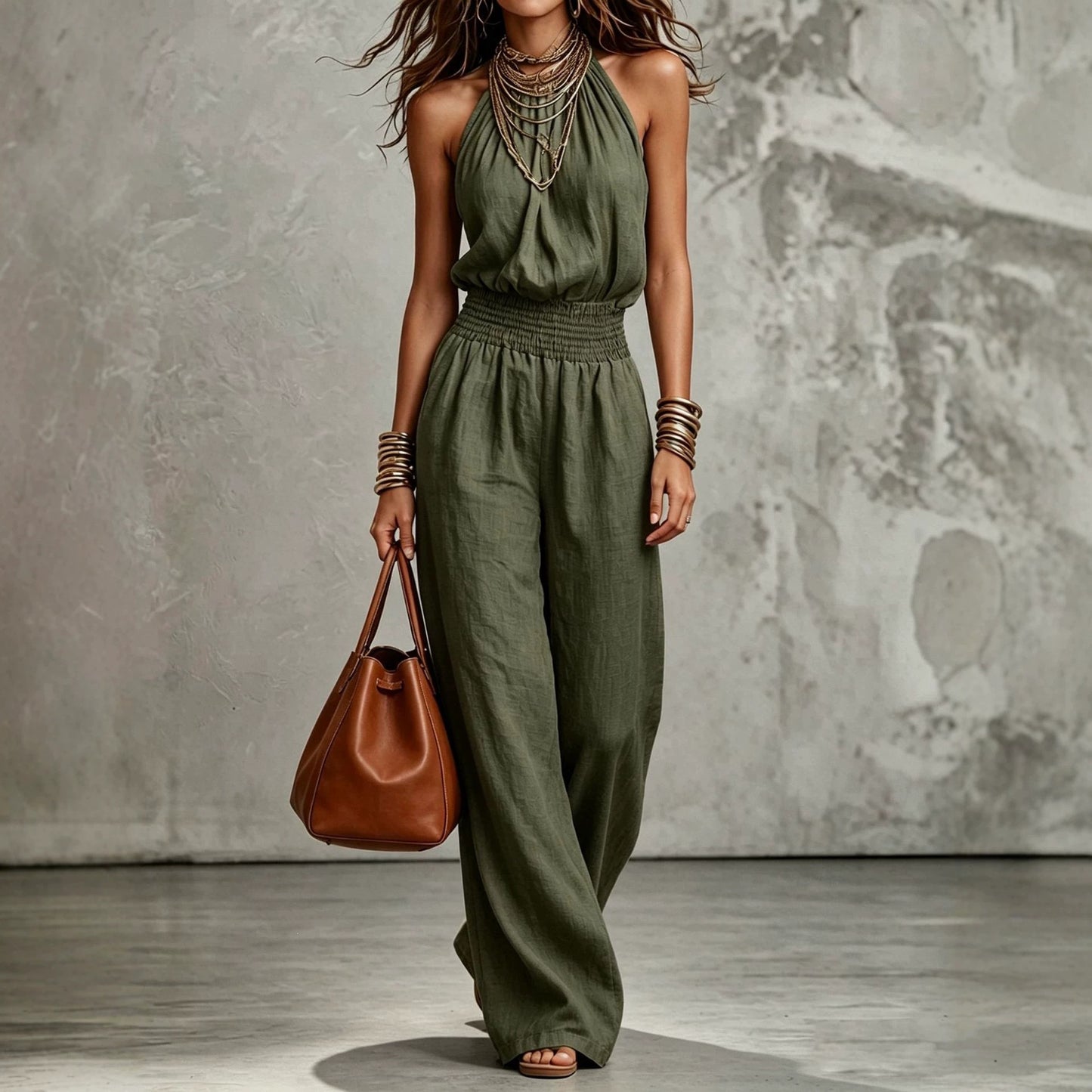 Women's Sleeveless Backless Halter Jumpsuit | Wide-Leg Lace-Up Onesie